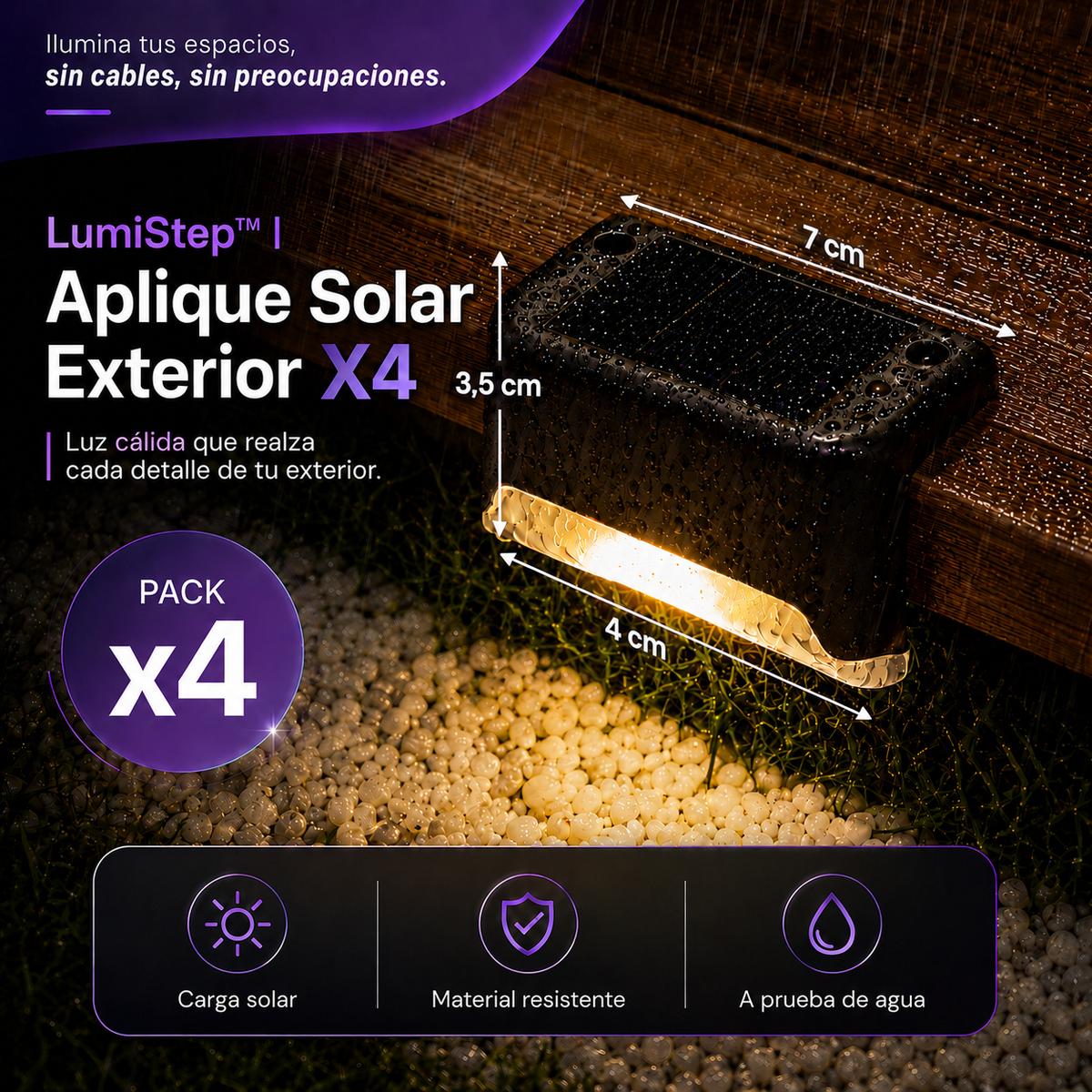 LumiStep™ | Aplique Solar Exterior X4 | Luz Nocturna Sin Obras ni Electricidad
