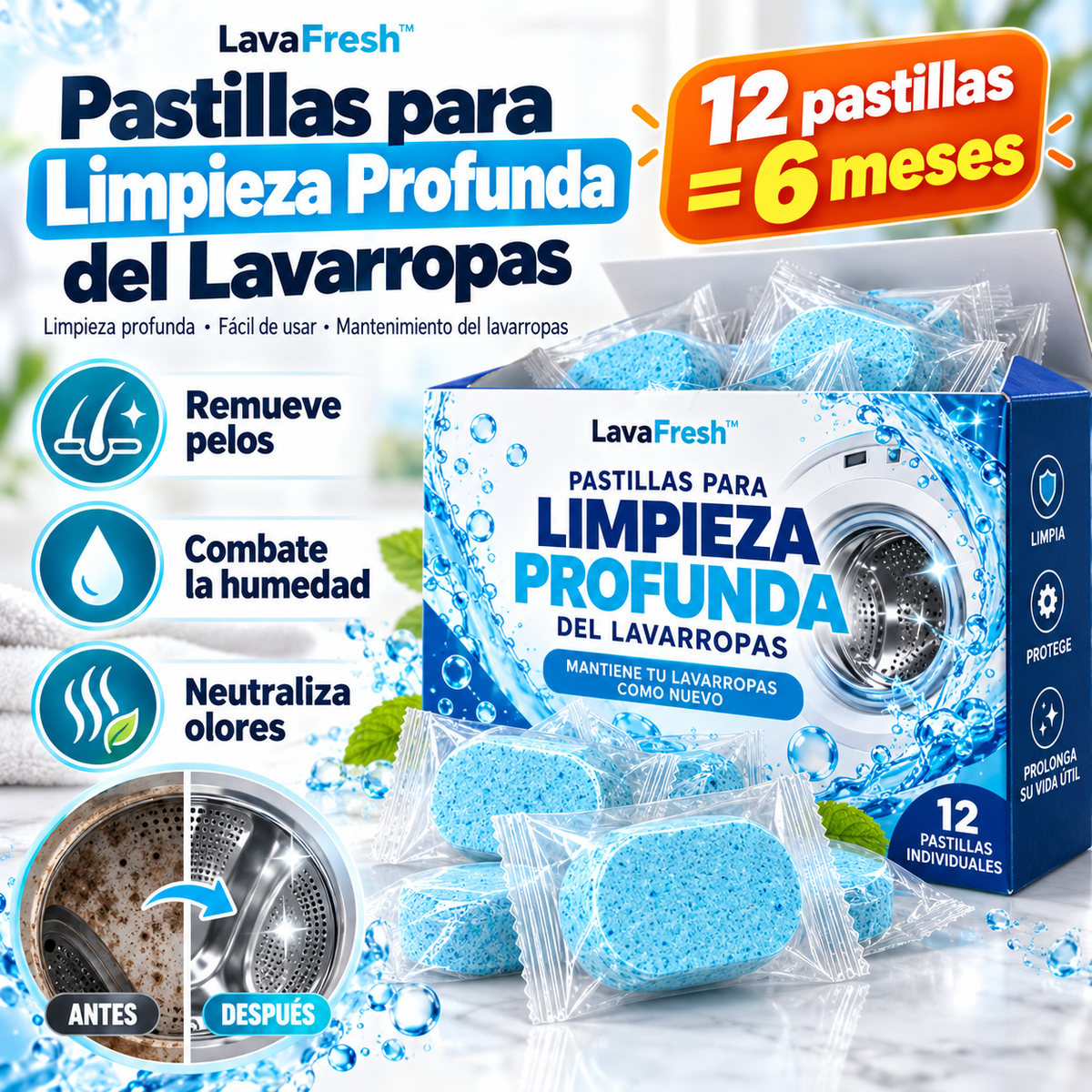 LavaFresh™ | Pastillas para Limpieza Profunda del Lavarropas