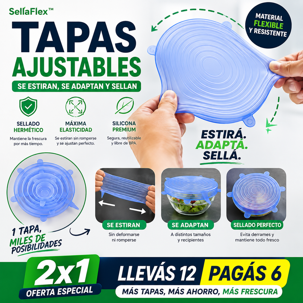 SellaFlex™ | Tapas Ajustables para Conservar Alimentos - Pack x6