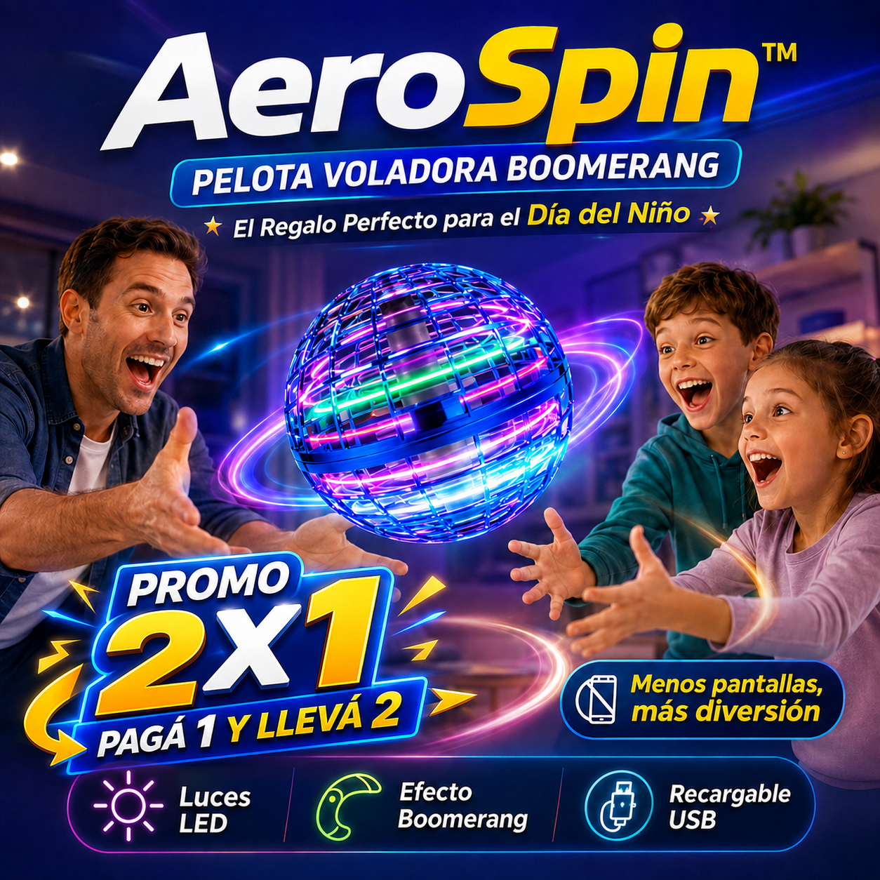 AeroSpin™ | Pelota Voladora LED | La Mejor Sorpresa del Día del Niño