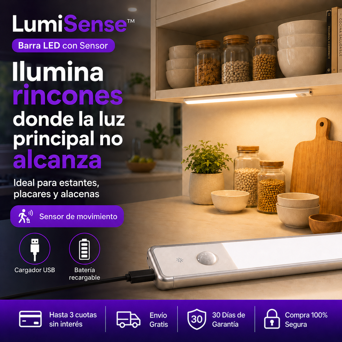 LumiSense™ | Barra LED 50 cm con Sensor | Ilumina sin Cables.