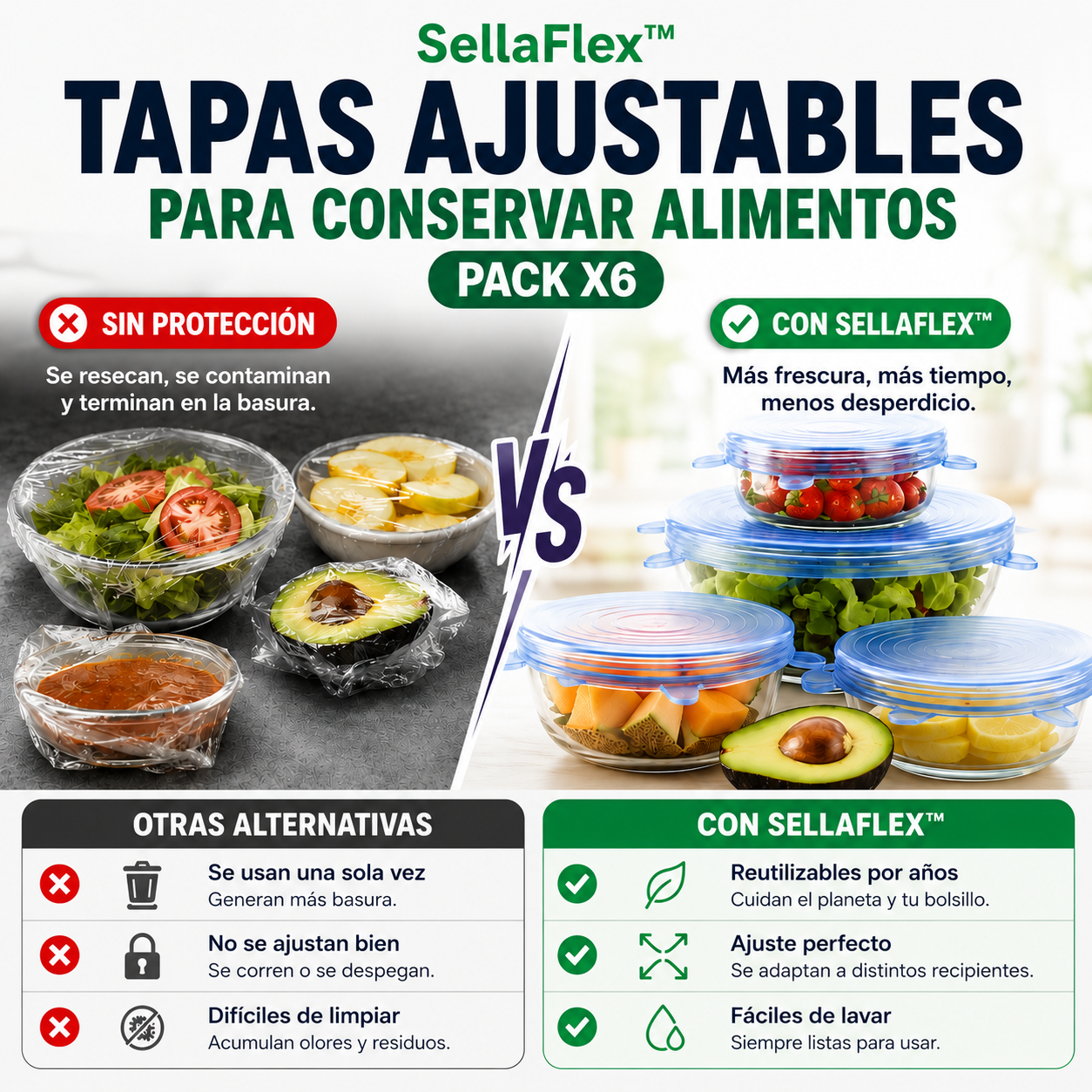 SellaFlex™ | Tapas Ajustables para Conservar Alimentos - Pack x6