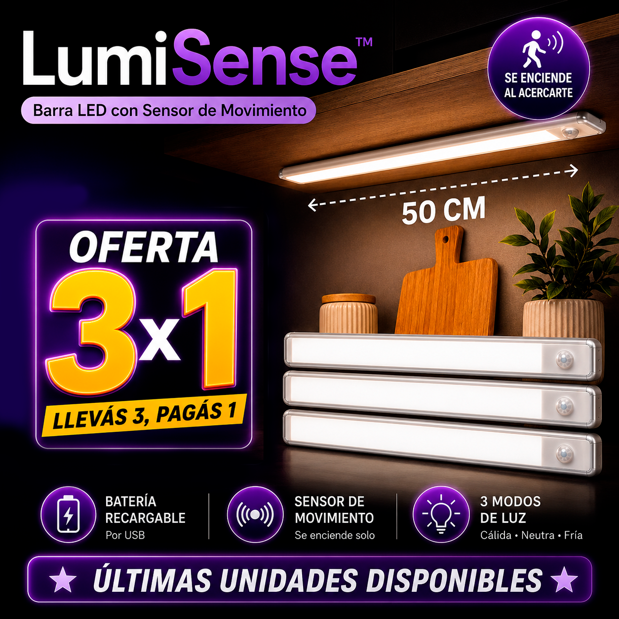 LumiSense™ | Barra LED 50 cm con Sensor | Ilumina sin Cables.