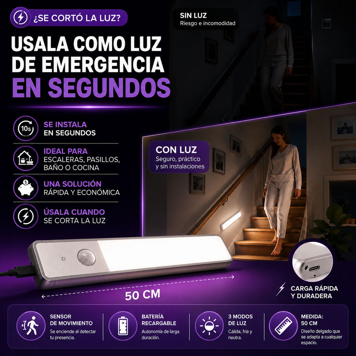LumiSense™ | Barra LED 50 cm con Sensor | Ilumina sin Cables.