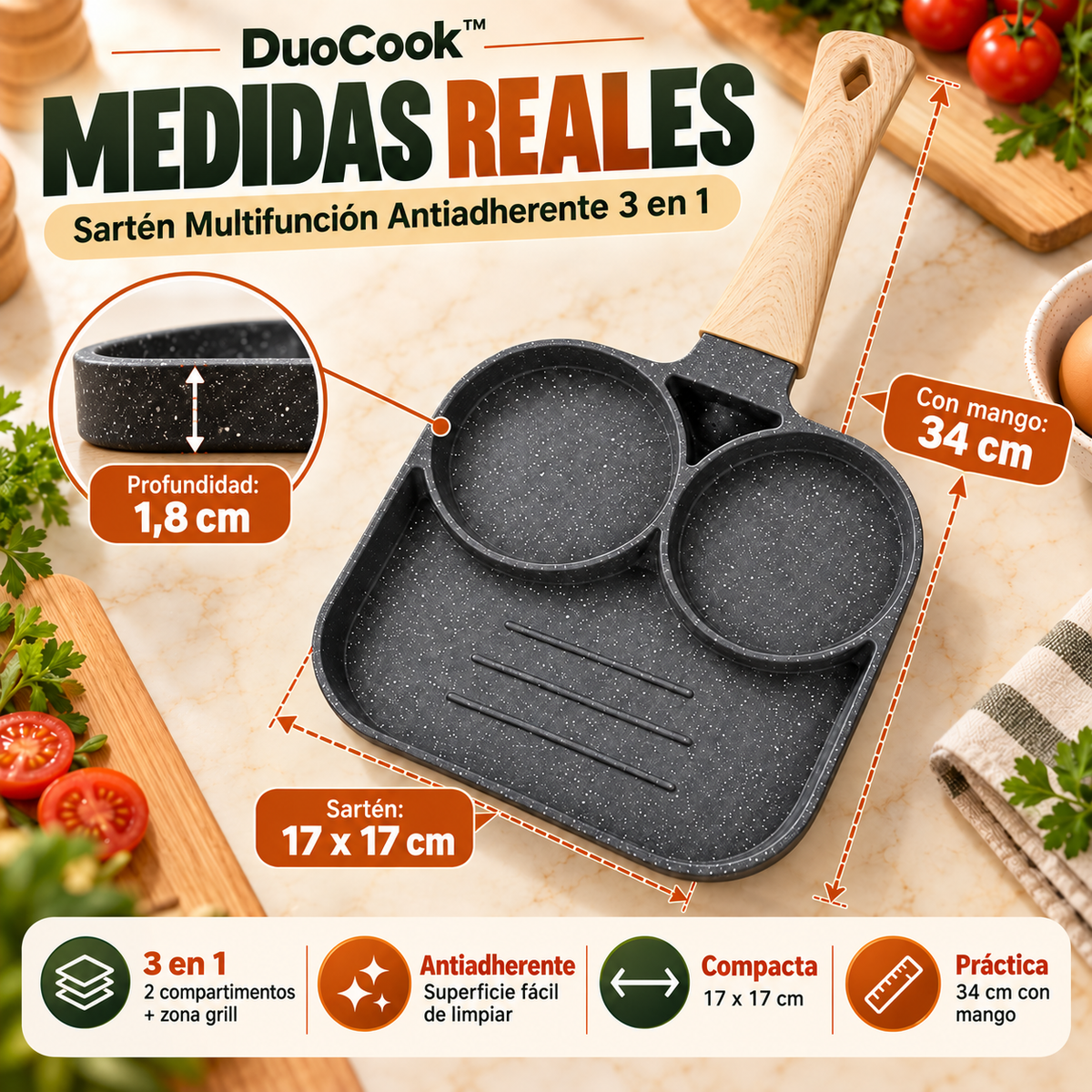 DuoCook™ | Sartén Multifunción Antiadherente 3 en 1