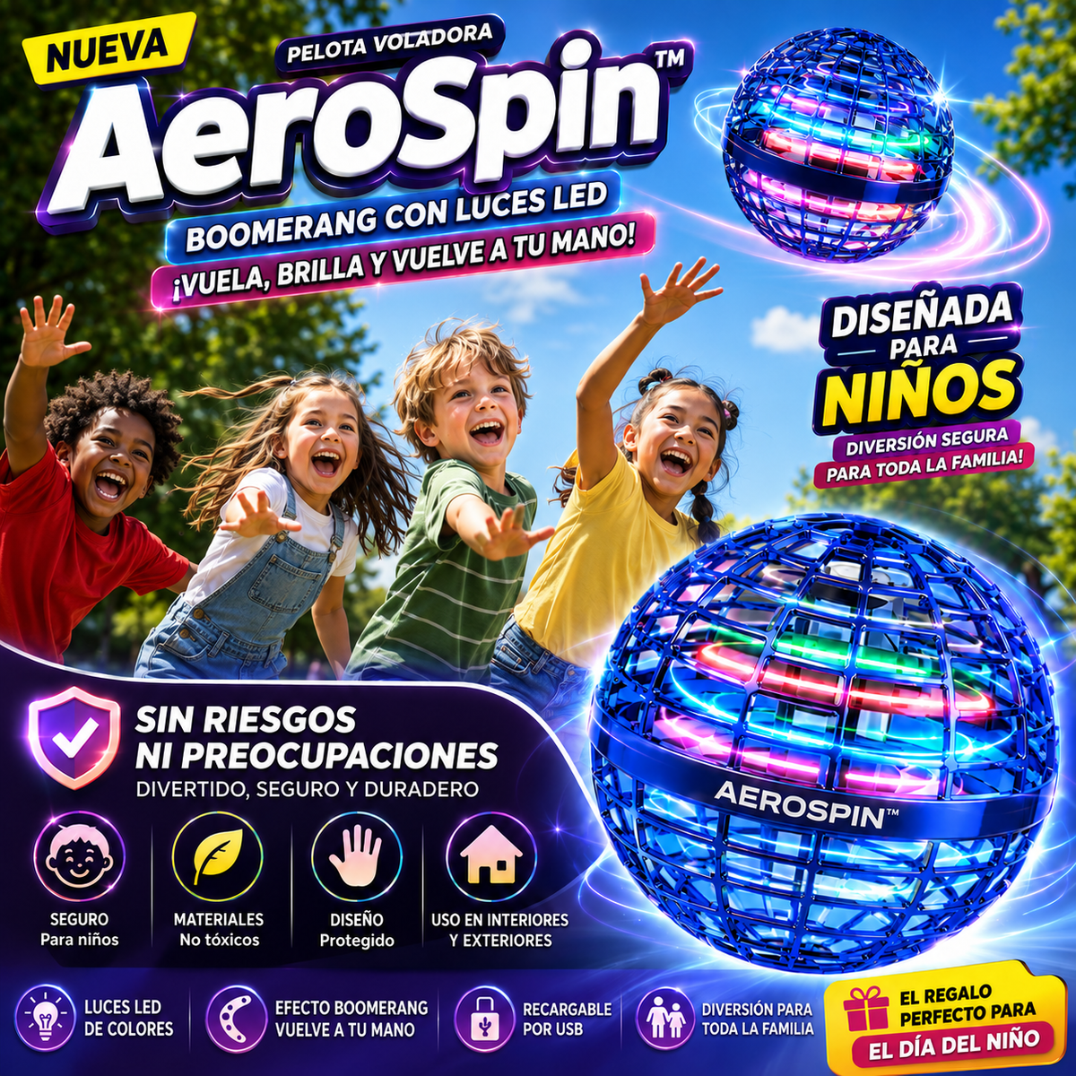 AeroSpin™ | Pelota Voladora LED | La Mejor Sorpresa del Día del Niño