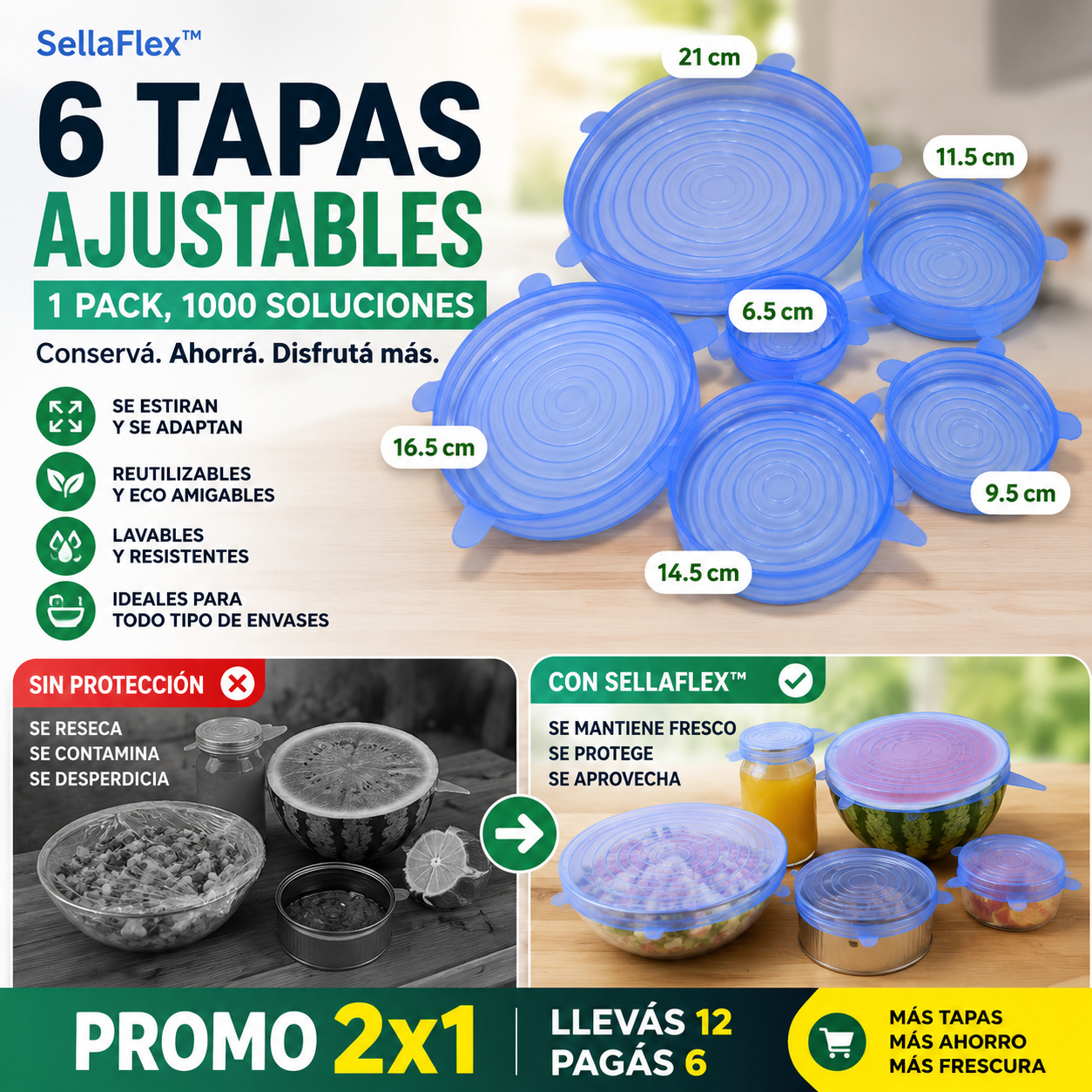 SellaFlex™ | Tapas Ajustables para Conservar Alimentos - Pack x6