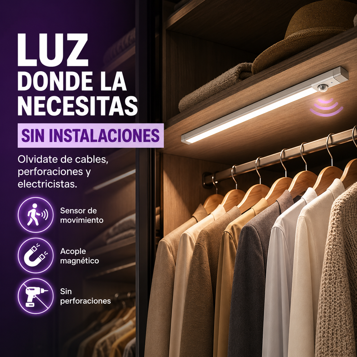 LumiSense™ | Barra LED 50 cm con Sensor | Ilumina sin Cables.