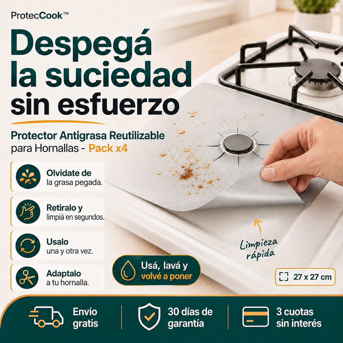 ProtecCook™ | Protector Antigrasa Reutilizable para Hornallas - Pack x4