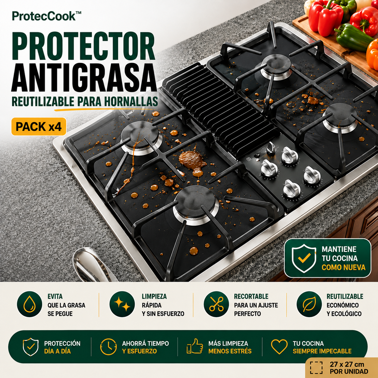 ProtecCook™ | Protector Antigrasa Reutilizable para Hornallas - Pack x4