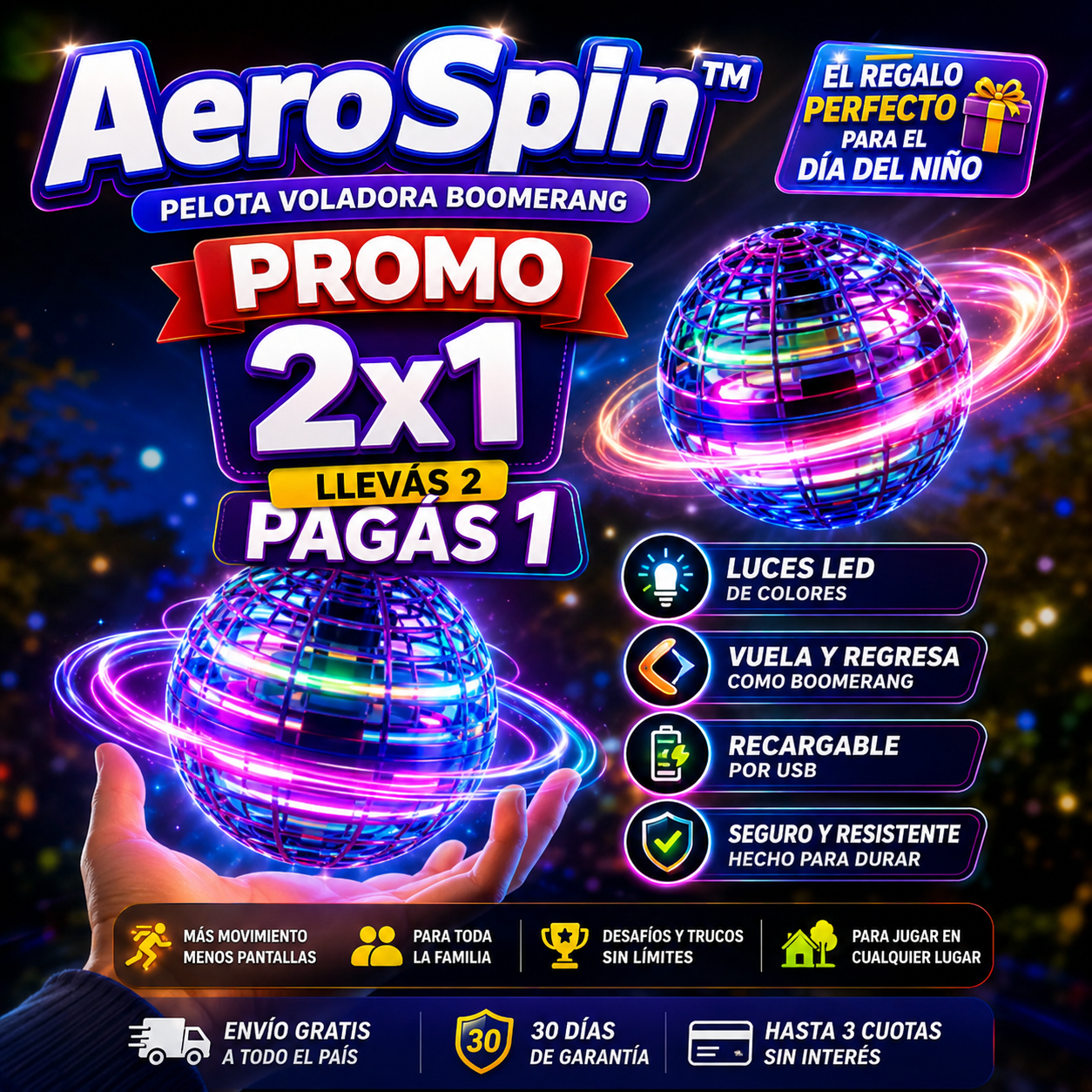 AeroSpin™ | Pelota Voladora LED | La Mejor Sorpresa del Día del Niño