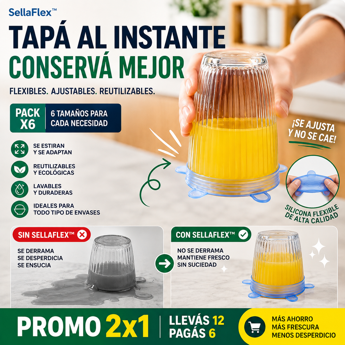 SellaFlex™ | Tapas Ajustables para Conservar Alimentos - Pack x6