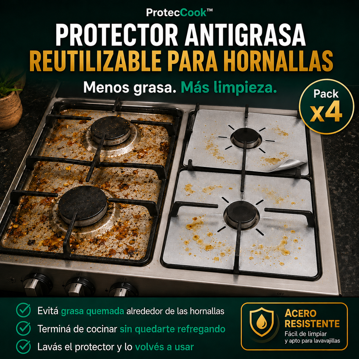 ProtecCook™ | Protector Antigrasa Reutilizable para Hornallas - Pack x4