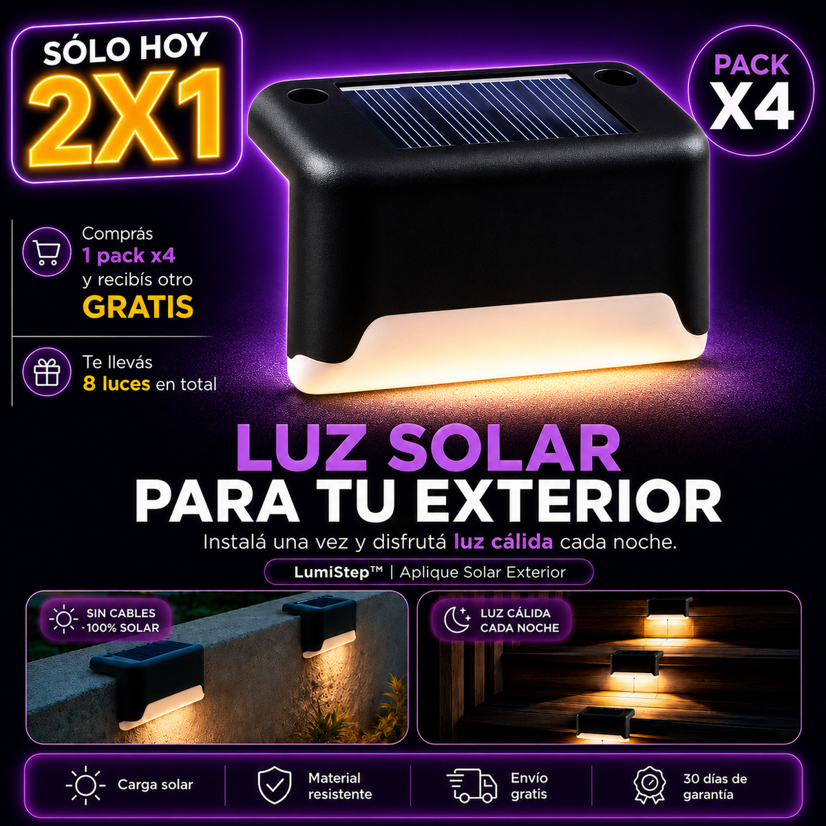 LumiStep™ | Aplique Solar Exterior X4 | Luz Nocturna Sin Obras ni Electricidad
